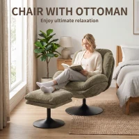 HOMCOM Modern Chenille Lazy Chair with Ottoman, 360° Swivel, Upholstered Reading Seat Set for Living Room, Dark Green(m-4)