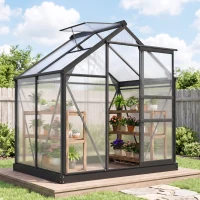 Outsunny Serre de jardin polycarbonate 190 x 132 x 201 cm résistant aux UV 30+ fondation renforcé gouttière gris(m-10)