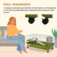 PawHut Jaula para Animales Pequeños con Ruedas Botella Comedero Dispensador de Heno para Conejos y Cobayas 89x44x43 cm Verde(m-5)