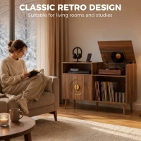 HOMCOM Record Player Stand, Vinyl Record Holder with Storage Holds Up to 300 Albums with Flip-Top Compartment, Walnut(m-5)