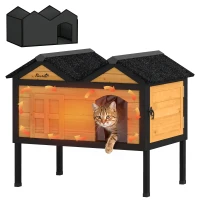 PawHut Wooden Cat House Outdoor Indoor with Weatherproof Asphalt Roof, Side Cleaning Door, PVC Curtain(m-14)