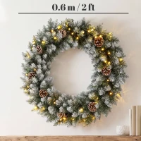 HOMCOM Coroniță de Crăciun 60 cm cu lumini LED, 8 moduri, 140 ramuri, conuri de pin, verde(m-3)