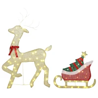 Outsunny Renne et traîneau lumineux, décoration de Noël extérieure, 95 LED blanc chaud, 8 modes, minuterie quotidienne(m-16)