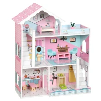AIYAPLAY Wooden Dolls House, Large 3-Storey Modern Dollhouse with 10 Accessories, Pretend Play Toy Gift for Ages 3-6 Years, Pink(m-15)