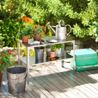 Outsunny 2 Tier Potting Bench Table, Galvanised Steel Garden Planting Work Bench Workstation with Storage Shelf for Outdoor, Patio, Greenhouse, 110 x 50 x 75 cm, Silver Tone(m-9)