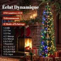 HOMCOM Sapin de Noël Artificiel Crayon 180cm, Pré-éclairé 170 LEDs, 11 Modes, 351 Branches, Télécommande, Base Amovible, Vert(m-5)