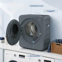 HOMCOM Mini Wäschetrockner 4 kg mit 5 Programme bis zu 60℃ 800W/400W Ablufttrockner mit Edelstahltrommel Grau(m-7)