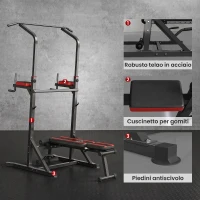 HOMCOM Power Tower Pieghevole con Panca Piana Regolabile, Rack Palestra Multifunzione con Barre per Dip e Trazioni, Altezza Regolabile 7 Livelli, in Acciaio, Allenamento Fitness Casa Palestra, Rosso(m-7)