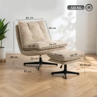 HOMCOM Sillón lounge con reposapiés, giratorio 360°, tapizado de pana, reposapiés regulable en altura, Beige(m-3)