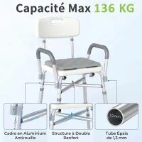 HOMCOM Tabouret de Douche Réglable en Hauteur à 5 Niveaux, Chaise de Douche, Accoudoirs Rembourrés et Coussin Amovible, Gris(m-4)