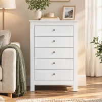 HOMCOM Cómoda 5 Cajones, Mueble de Almacenamiento con Guías Suaves, Cómoda Alta, Estilo Moderno, 60 x 39,5 x 95,3 cm, Blanco(m-4)