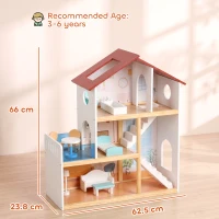AIYAPLAY Kids Wooden Dolls House, 3-Story Dollhouse with 5 Rooms and 11 Accessories, Pretend Play Gift for Ages 3+, White(m-3)