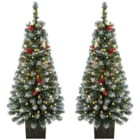 HOMCOM 4ft Pre-Lit Slim Artificial Christmas Tree Set of 2, with 100 Dual-Colour LED Lights, 140 Frosted Branch Tips(m-15)