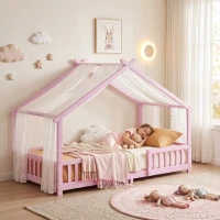 AIYAPLAY Wooden Kids House Single Bed Frame, Solid Pine Wood Toddler Bed with Dual Guardrails for Children, Boys, Girls, Pink(m-14)