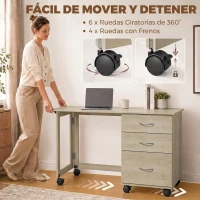 HOMCOM Escritorio Plegable con Ruedas con Freno 3 Cajones y Superficie Abatible Diseño Moderno 107x50x72 cm Roble(m-6)
