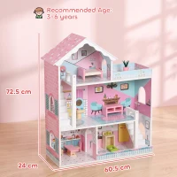 AIYAPLAY Wooden Dolls House, Large 3-Storey Modern Dollhouse with 10 Accessories, Pretend Play Toy Gift for Ages 3-6 Years, Pink(m-3)