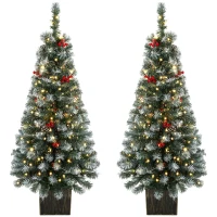 HOMCOM 4ft Pre-Lit Slim Artificial Christmas Tree Set of 2, with 100 Dual-Colour LED Lights, 140 Frosted Branch Tips(m-1)