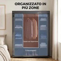HOMCOM Armadio in Tessuto Salvaspazio con Barra Appendiabiti e 11 Ripiani, 135x45x175 cm, Grigio(m-4)