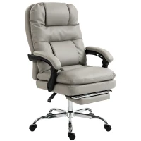 HOMCOM Cadeira de Escritório Ergonómica em PU com Molas Ensacadas, Reclinável 155°, Encosto Alto, Apoio de Cabeça, Cinzento-Claro(m-11)