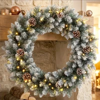HOMCOM Guirlande de Noël enneigée Ø60 cm avec lumières LED 8 modes, 140 branches, pommes de pin, couronne de Noël, Vert(m-4)