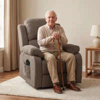HOMCOM Fauteuil Releveur Électrique Inclinable avec Massage et Chauffage en Tissu Effet Lin Marron Clair(m-6)