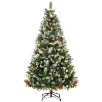 HOMCOM Albero di Natale Innevato 210cm, 400 Luci LED a 2 Colori, Telecomando, 11 Modalità, 1253 Rami, Pigne, Bacche Rosse(m-1)