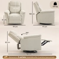 HOMCOM Fauteuil relax inclinable avec fonction bascule, fauteuil TV avec repose-pieds, blanc crème(m-3)