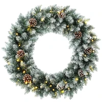 HOMCOM Guirlande de Noël enneigée Ø60 cm avec lumières LED 8 modes, 140 branches, pommes de pin, couronne de Noël, Vert(m-7)