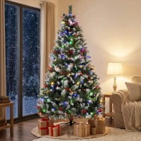 HOMCOM Árbol de Navidad Nevado 180 cm con 250 LED 11 Modos Mando a Distancia 840 Puntas 34 Piñas y 34 Bayas Verde(m-2)