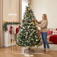 HOMCOM Albero di Natale Innevato 210cm, 400 Luci LED a 2 Colori, Telecomando, 11 Modalità, 1253 Rami, Pigne, Bacche Rosse(m-3)