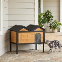 PawHut Wooden Cat House Outdoor Indoor with Weatherproof Asphalt Roof, Side Cleaning Door, PVC Curtain(m-9)