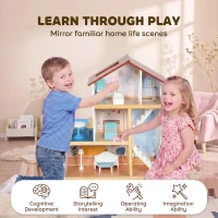 AIYAPLAY Kids Wooden Dolls House, 3-Story Dollhouse with 5 Rooms and 11 Accessories, Pretend Play Gift for Ages 3+, White(m-7)