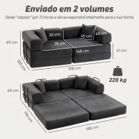 HOMCOM Sofá Cama de 2 Lugares Dobrável Estofado em Chenilla com 2 Almofadas Braços Largos Acolchoamento Grosso Cinza Escuro(m-3)