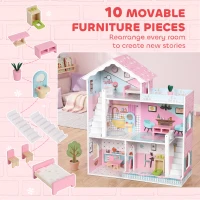AIYAPLAY Wooden Dolls House, Large 3-Storey Modern Dollhouse with 10 Accessories, Pretend Play Toy Gift for Ages 3-6 Years, Pink(m-5)