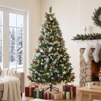 HOMCOM Árbol de Navidad Nevado 180 cm con 250 LED 11 Modos Mando a Distancia 840 Puntas 34 Piñas y 34 Bayas Verde(m-10)