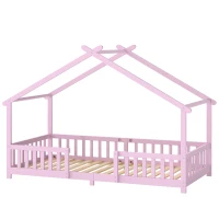 AIYAPLAY Wooden Kids House Single Bed Frame, Solid Pine Wood Toddler Bed with Dual Guardrails for Children, Boys, Girls, Pink(m-15)
