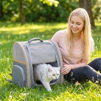 PawHut Pet Backpack Carrier, Foldable Pet Carrier Backpack for Mini Dogs Cats Up to 5 kg, with Mesh Window, Grey(m-9)