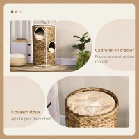 PawHut Tonneau à Gratter pour Chat 3 Niveaux, Coussins, Tressage en Jacinthe d'Eau, Cadre en Acier, Ø 40 x 73 cm, Marron Clair(m-6)
