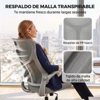 HOMCOM Silla de Escritorio Giratoria de Malla Reposabrazos Abatibles Respaldo Alto Función de Balanceo Altura Ajustable Gris(m-5)