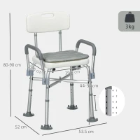HOMCOM Scaun de duș reglabil pe înălțime, cu brațe și pernă detașabilă, 53.5x52x80-90 cm, alb(m-3)