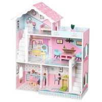 AIYAPLAY Wooden Dolls House, Large 3-Storey Modern Dollhouse with 10 Accessories, Pretend Play Toy Gift for Ages 3-6 Years, Pink(m-1)