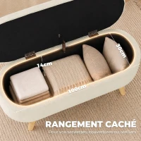 HOMCOM Banc Banquette, Bout de Lit, Coffre de Rangement 2 en 1 en Tissu avec Pieds en Bois, 110L x 40P x 43H cm, Crème(m-4)