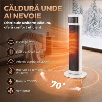 HOMCOM Aerotermă Electrică Ceramică cu Termostat Reglabil, 4 Moduri, Panou Tactil, Telecomandă, Alb(m-4)