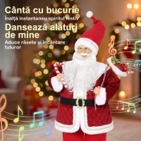 HOMCOM Moș Crăciun Muzical Animat, 120 cm, de Podea, cu Cap Rotativ, Roșu(m-4)
