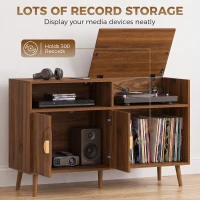HOMCOM Record Player Stand, Vinyl Record Holder with Storage Holds Up to 300 Albums with Flip-Top Compartment, Walnut(m-4)