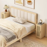 HOMCOM Set of 2 Bedside Tables with Rattan-Decor Doors, Boho Slim Nightstands with Adjustable Shelf, Natural Wood Finish(m-10)