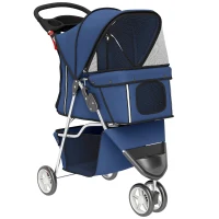 PawHut Carrinho Dobrável para Cães Pequenos até 10 kg com 3 Rodas, Capota, Cesta, Janelas em Rede e Porta-copos, Azul-Escuro(m-1)