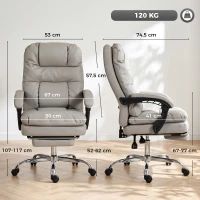 HOMCOM Cadeira de Escritório Ergonómica em PU com Molas Ensacadas, Reclinável 155°, Encosto Alto, Apoio de Cabeça, Cinzento-Claro(m-3)