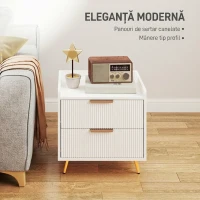 HOMCOM Noptieră pentru Dormitor, cu 2 Sertare Canelate, Picioare Metalice Aurii, pentru Living, 50x40x50 cm, Albă(m-4)