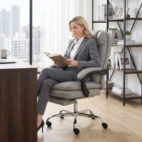 HOMCOM Cadeira de Escritório Ergonómica em PU com Molas Ensacadas, Reclinável 155°, Encosto Alto, Apoio de Cabeça, Cinzento-Claro(m-8)